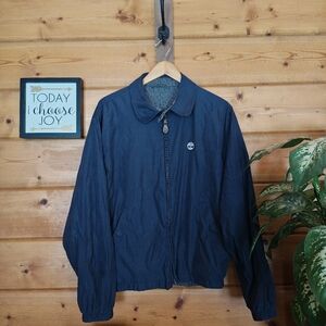 Vintage Timberland Bomber Jacket Weather Reversible Plaid Navy Pockets Logo Sz M